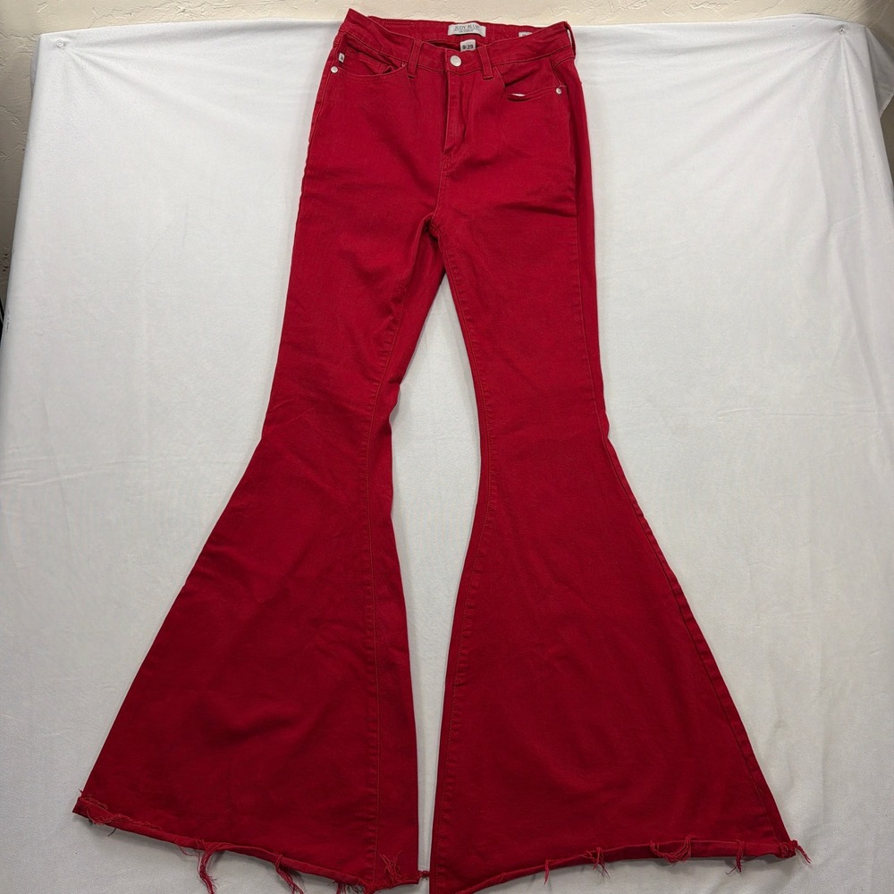 Judy Blue Jeans Super Flare High Rise Raw Hem Red Denim Pants Women 9/29
